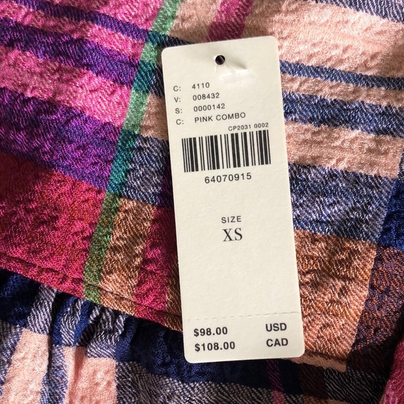 💛 XS 💛 NWT Anthro Blouse Plaid Smocked Waist V Neck Buttons Long Sleeves - Picture 3 of 7